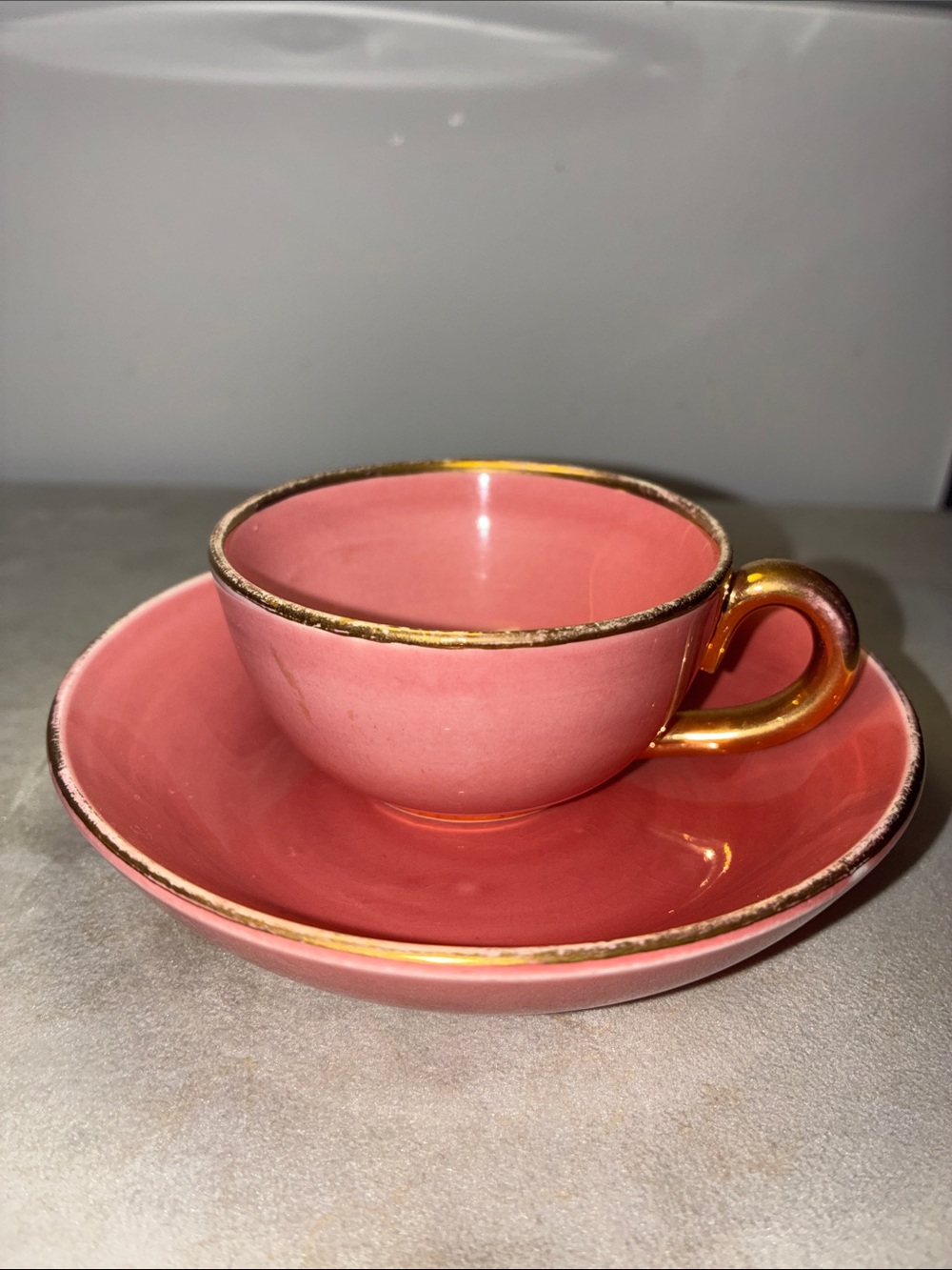 Antique Trembleuse Matching Cup & Saucer Pink Ceramic Real Gold Made in Germany